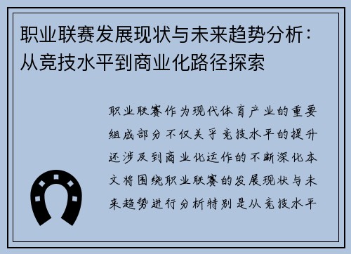 职业联赛发展现状与未来趋势分析：从竞技水平到商业化路径探索