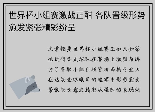 世界杯小组赛激战正酣 各队晋级形势愈发紧张精彩纷呈