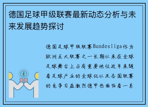 德国足球甲级联赛最新动态分析与未来发展趋势探讨